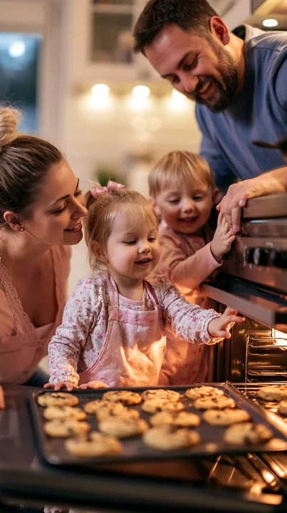 Parents and children are baking cookies together in a bright home kitchen.
