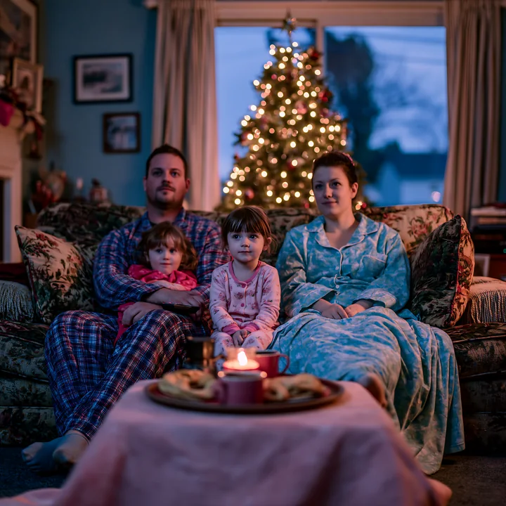 Parents and two children sit together on a sofa watching a holiday movie beside a lit Christmas tree.