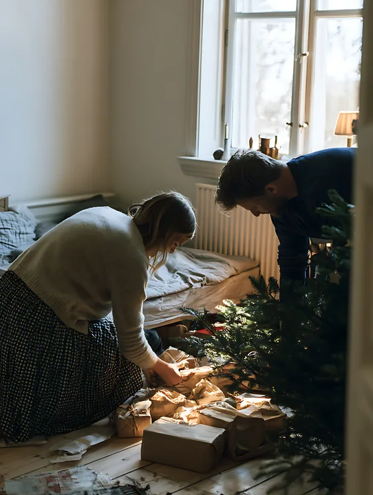 Parents are arranging gifts under a Christmas tree in a cozy living room.