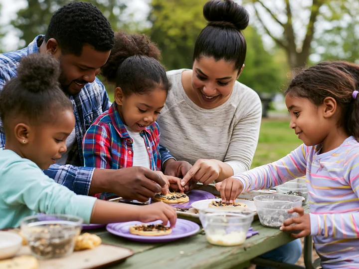 Parents are helping children decorate cookies at a picnic table in a park.