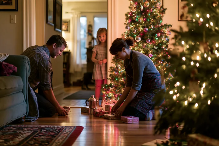 Parents are placing gifts under a Christmas tree in a cozy living room while their child looks on with curiosity.