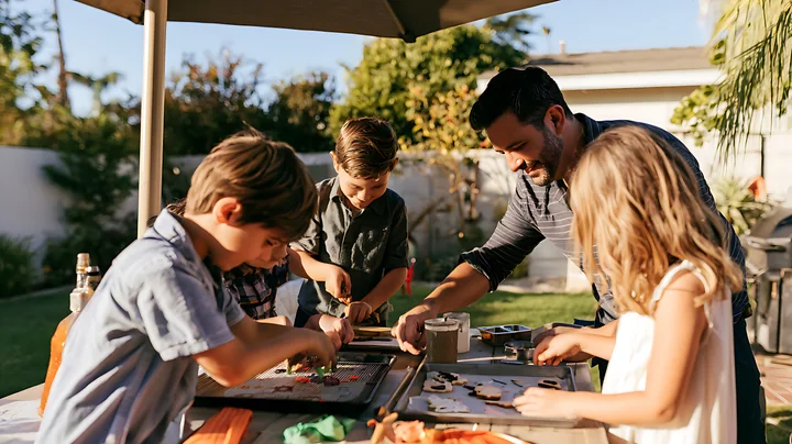 Parents assist children as they decorate cookies outdoors in a backyard.