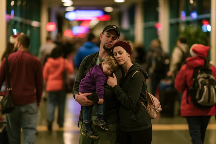 Parents carry a sleeping child through a warmly lit indoor public space with blurred travelers and festive lights.