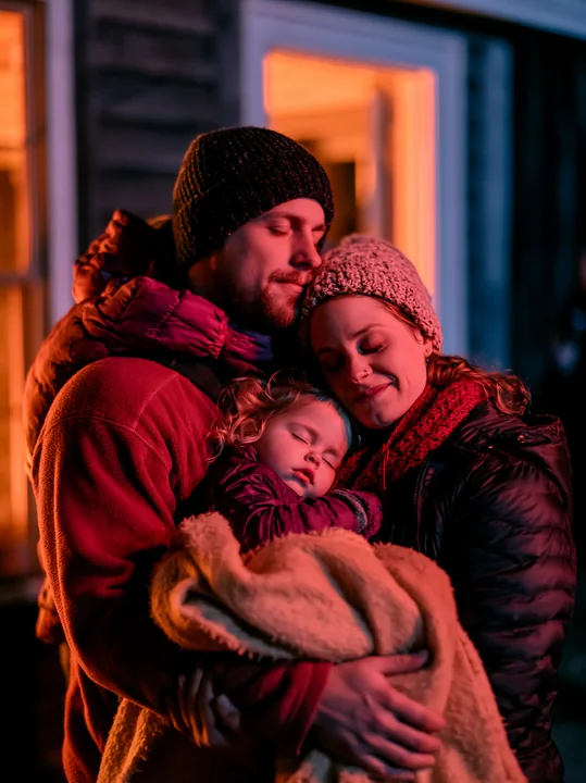 Parents carry a sleeping child wrapped in a blanket outside a warmly lit home at night.