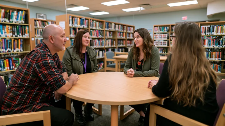 Parents meet with a child protection specialist in a library setting.