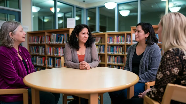 Parents meeting with a child protection specialist in a library discuss important topics regarding child safety and welfare.