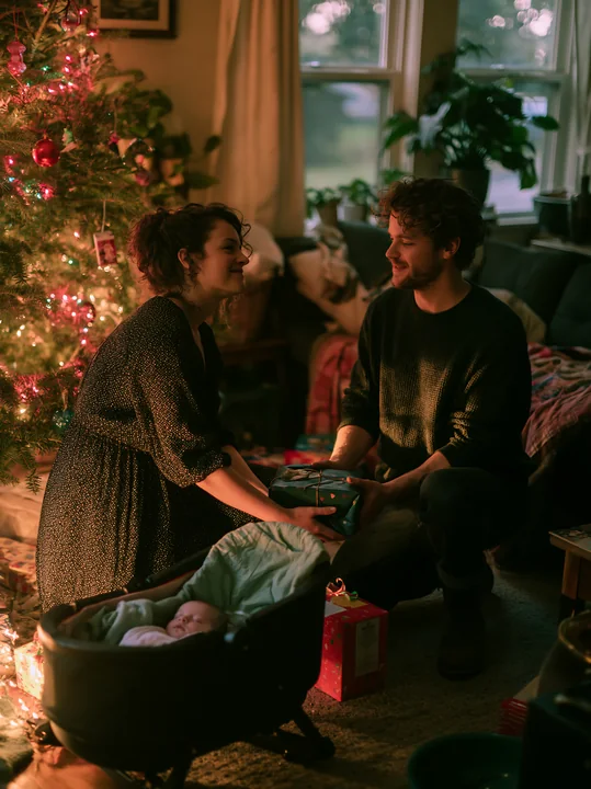 Parents place a wrapped gift beneath a decorated Christmas tree beside their sleeping baby.