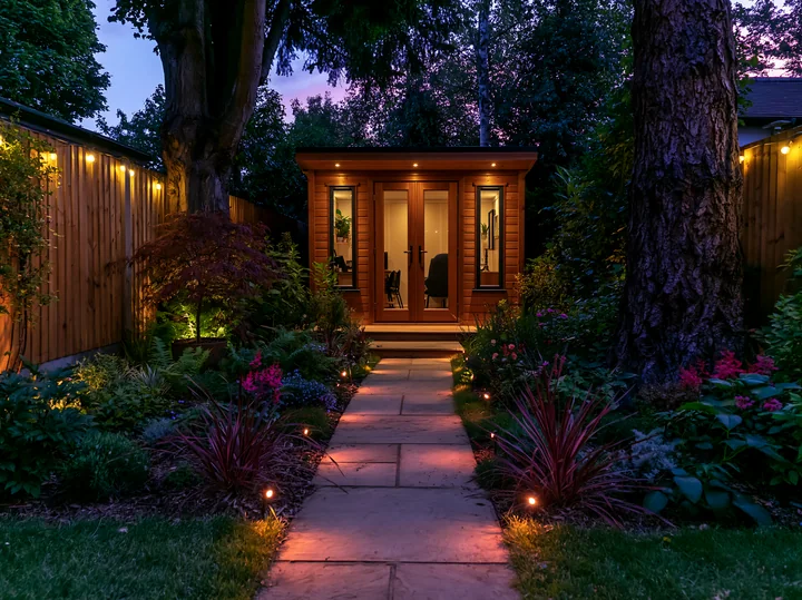 Pathway lights guide the way to a garden studio at dusk, surrounded by plants and flower beds.