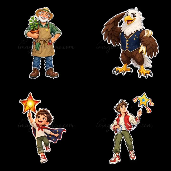 Four cartoon stickers showcase a gardener with plants, a proud eagle in a vest, a boy holding a star, and another boy with a ribbon. These characters celebrate