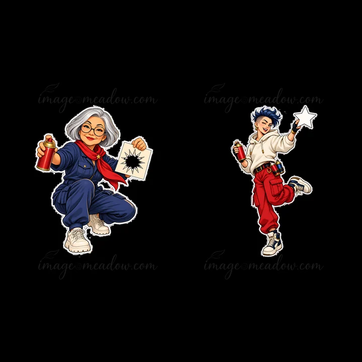 Two cartoon characters are seen spraying graffiti. The first is an older woman in blue overalls with grey hair and a red scarf, holding a paper.