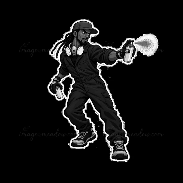 A figure wearing a jumpsuit and cap sprays paint with cans in hand. The person has long hair tied back and wears headphones around the neck. This activity occur