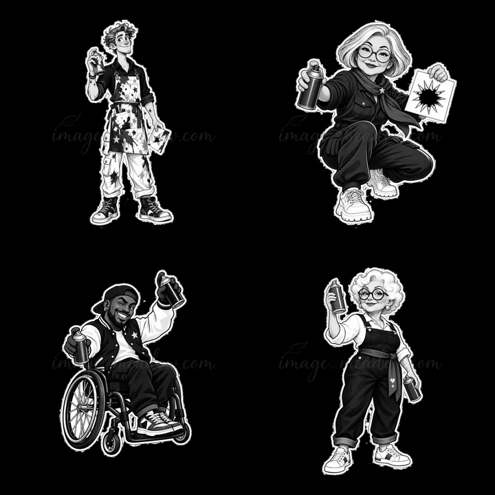 Four cartoon characters in black-and-white spray paint graffiti. Each holds a spray can, showcasing different activities and styles. The diversity of characters