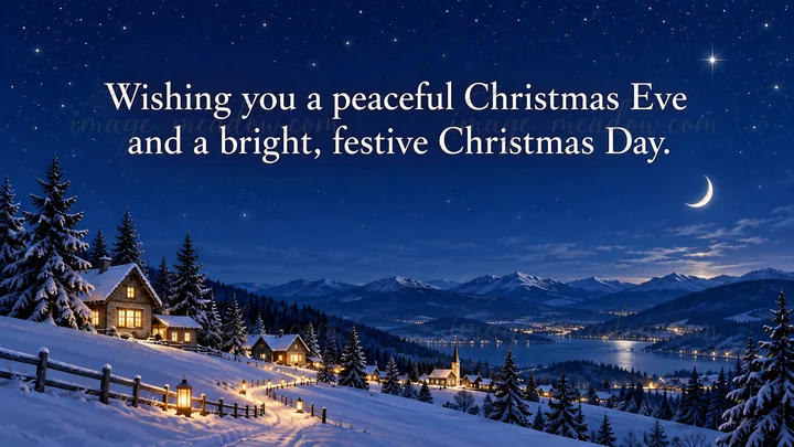 A Christmas greeting reads, “Wishing you a peaceful Christmas Eve and a bright, festive Christmas Day.” It appears above a starry winter night with a crescent m