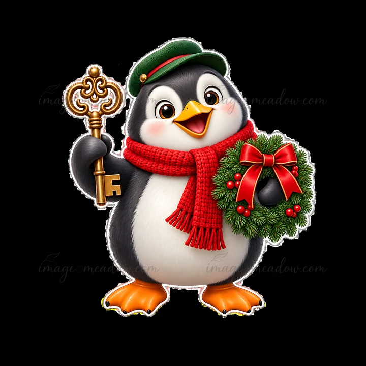 A penguin is smiling while holding a large key in one hand and a festive wreath in the other. The wreath features red bows and berries. The penguin wears a gree
