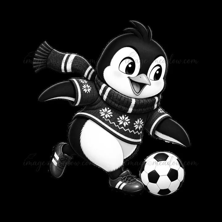 A cheerful penguin wearing a winter sweater runs while kicking a soccer ball. The penguin is festive and joyful, combining holiday spirit with a love for soccer
