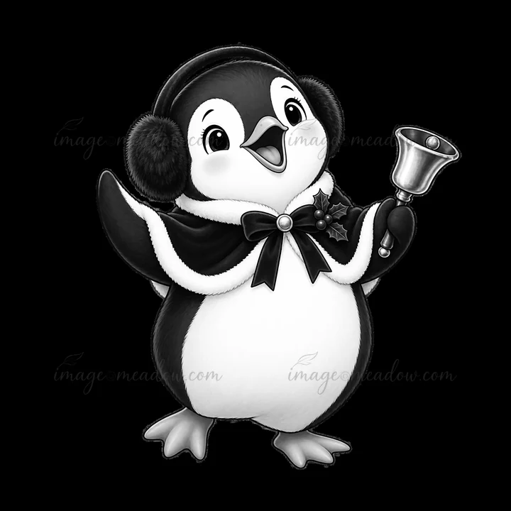 A cheerful penguin stands with wings raised, singing carols by the fireplace. It is wearing earmuffs and holding a bell. The scene captures the festive spirit a