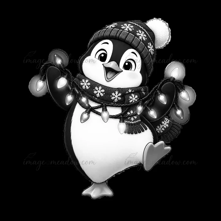 A cheerful penguin in a winter hat and scarf joyfully holds a strand of string lights. It is in a monochrome style, showing a happy expression while posing with