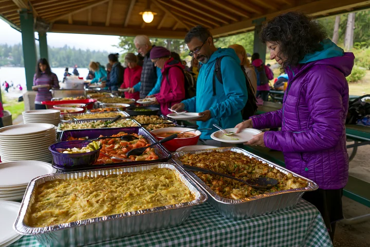People are serving themselves from a long table filled with various dishes at a lakeside gathering.