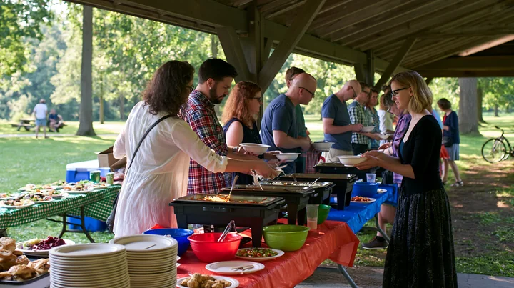 People enjoy a church gathering buffet at a park.