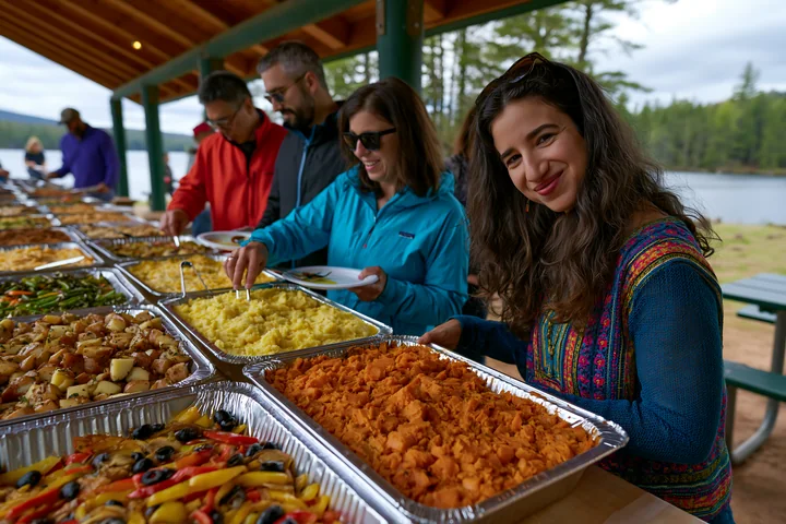 People enjoy a variety of dishes at a buffet table near a lake.