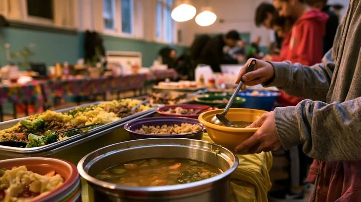 People serve food at a zero waste buffet table with multiple dishes in a community dining setting.