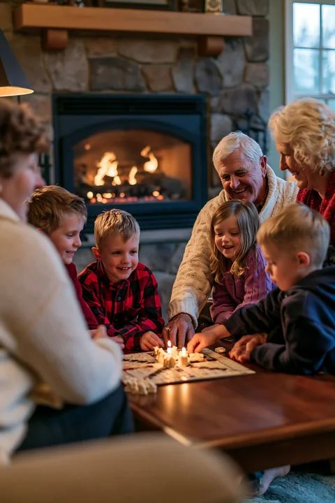 People sit around a table by a fireplace, enjoying board games and each other's company.