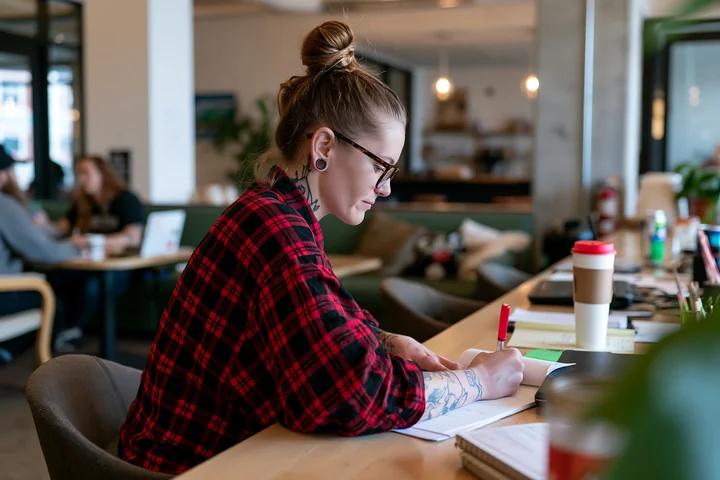 Person in a red plaid shirt writes in a notebook at a cafe desk beside a takeaway cup.