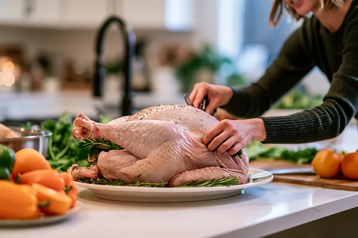 Person prepares a seasoned whole turkey on a platter in a bright kitchen.