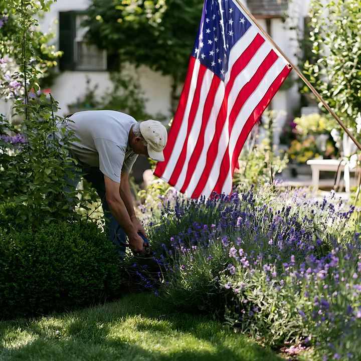 Person tending flowering plants beside an American flag in a sunny residential garden.