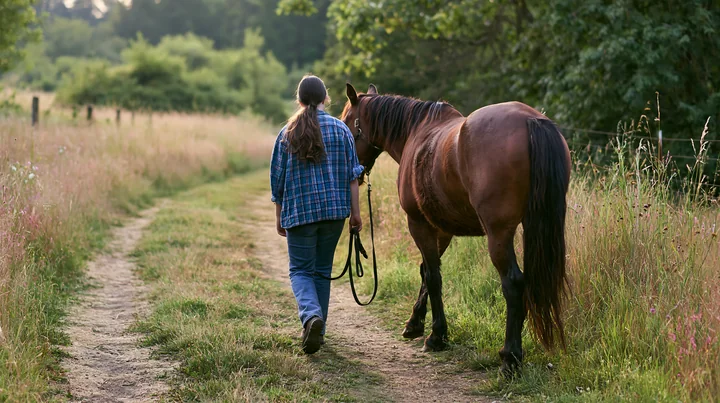 Person walking beside a brown horse on a dirt trail through a sunny meadow and wooded landscape.