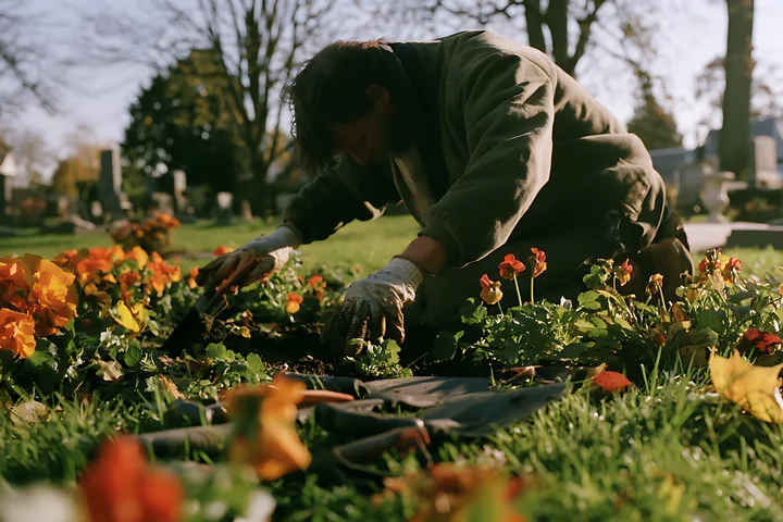 Person wearing gloves plants colorful autumn flowers at a grave in a sunlit cemetery.