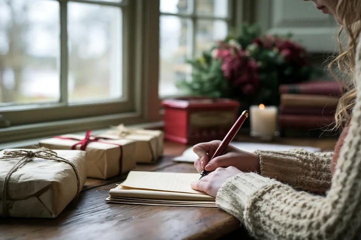 Person writes a gift list beside wrapped presents at a wooden desk near a window.