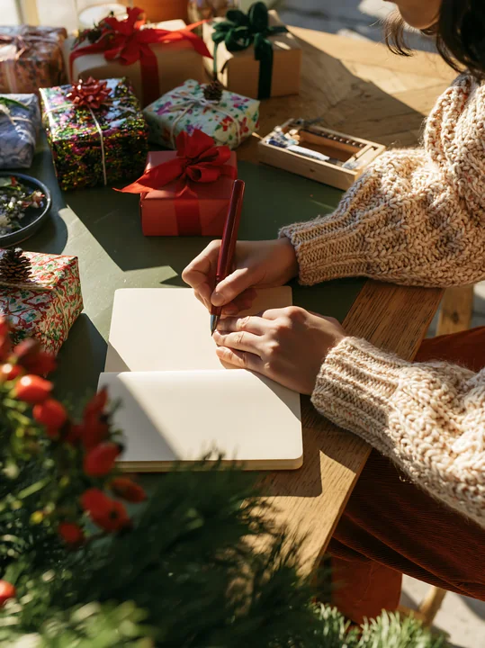 Person writing on a notebook at a desk surrounded by wrapped gifts in warm sunlight.