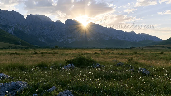 Sun rays illuminate a grassy meadow in Picos de Europa during morning hours. The mountains rise majestically in the background, creating a natural landscape fil