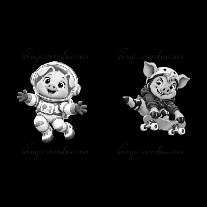 One pig character in an astronaut suit floats with arms outstretched. The other pig rides a skateboard, performing a trick with a happy expression. Both charact
