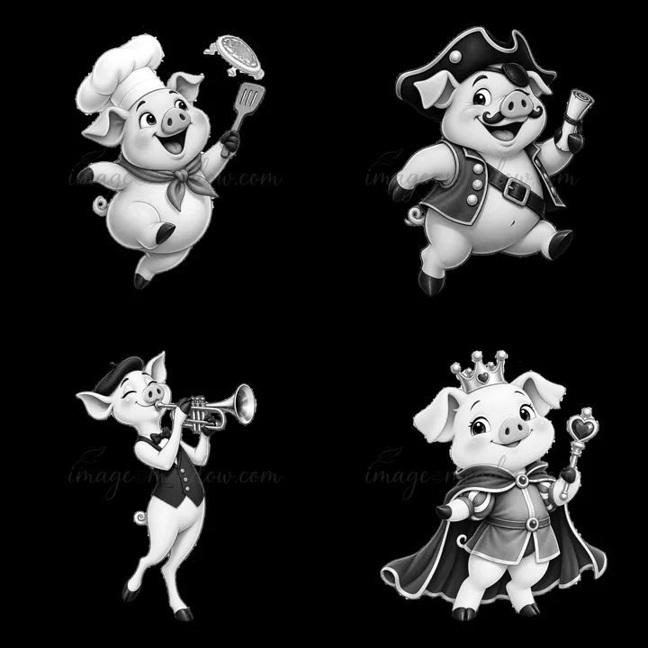 Four cartoon pig characters are shown in a 2x2 layout. One pig wears a chef hat and holds a spatula, another wears a pirate hat and holds an ice cream cone, a t