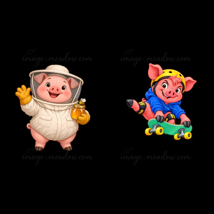A pig wearing a beekeeper suit waves with a jar of honey in one hand. Next to it, another pig wearing a helmet and a blue jacket skates on a skateboard. Both ch