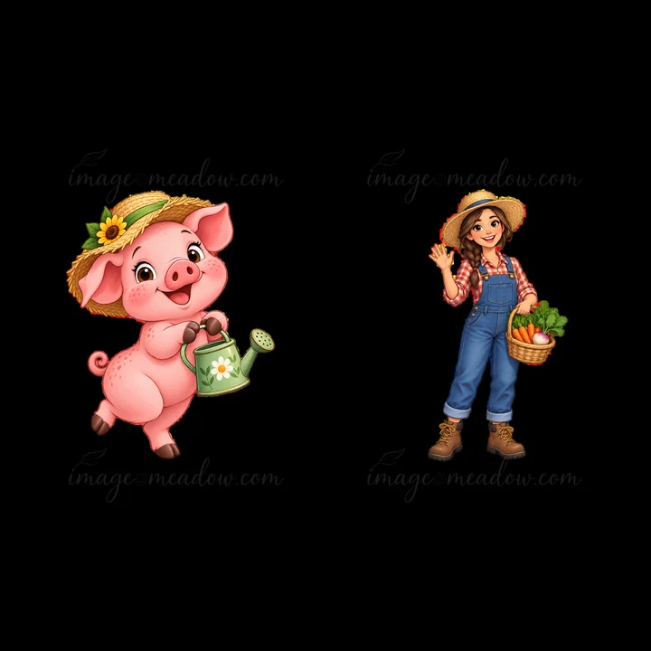 A cartoon pig holds a watering can and smiles. Next to it, a farmer girl waves and holds a basket of vegetables. Both characters wear straw hats. They are set i