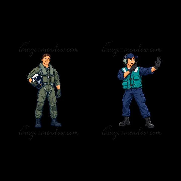 Two cartoon stickers depict a pilot in a green flight suit holding a helmet and an aircraft handler in blue directing operations. They are designed for use in a