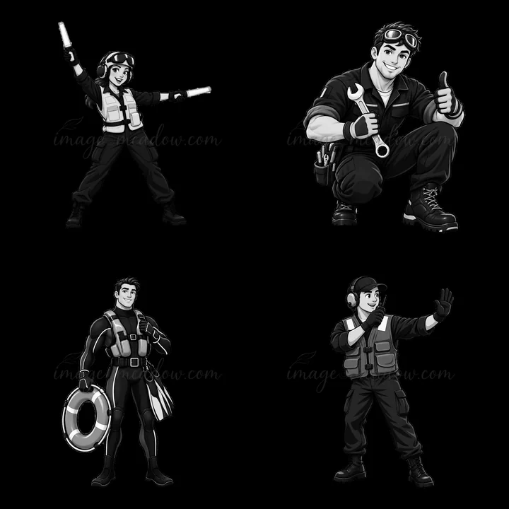 The cartoon stickers depict four different crew members on an aircraft carrier engaged in various activities. They are equipped with tools and safety gear, show