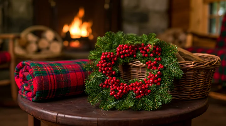 Pine wreath covered with red berries sits on a rustic wooden table beside a plaid blanket and wicker basket.