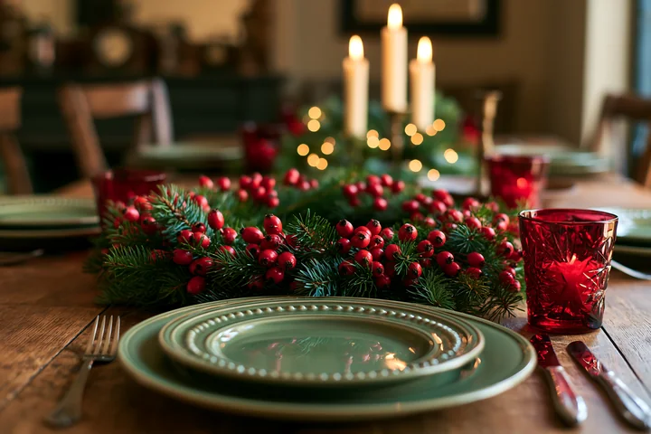Pine wreath with red berries surrounds a plate at a candlelit holiday dining table.