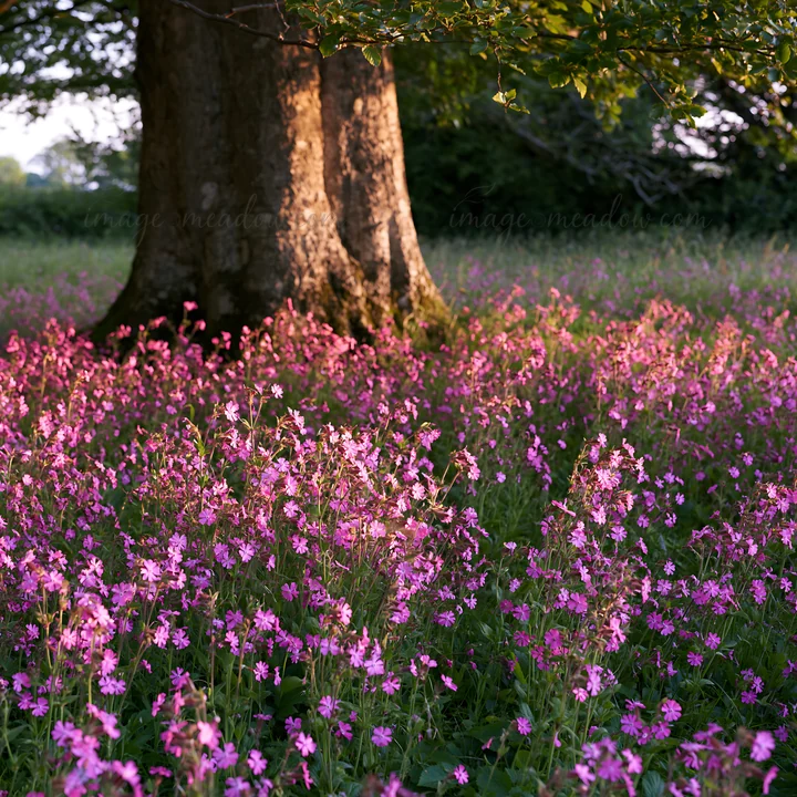 A meadow filled with pink campion flowers blooms beneath a large tree in a natural setting, showcasing vibrant colors in the lush greenery.