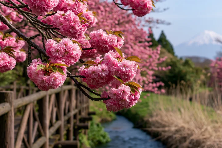 Pink cherry blossom clusters frame Mount Fuji above a narrow stream and rustic wooden supports.