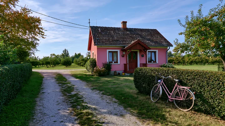 Pink country home with a bicycle outside beside a gravel driveway, orchard, and neatly trimmed hedges.