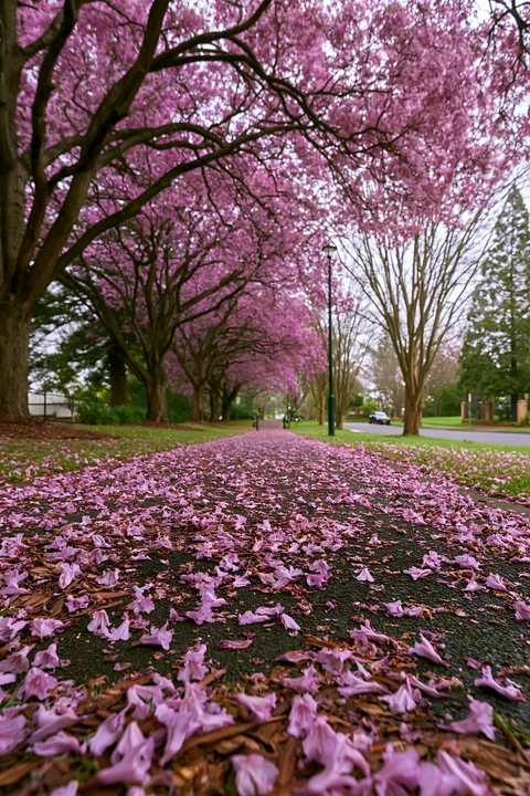 Pink flowering trees arch over a paved bicycle path covered with fallen petals in a residential park setting.