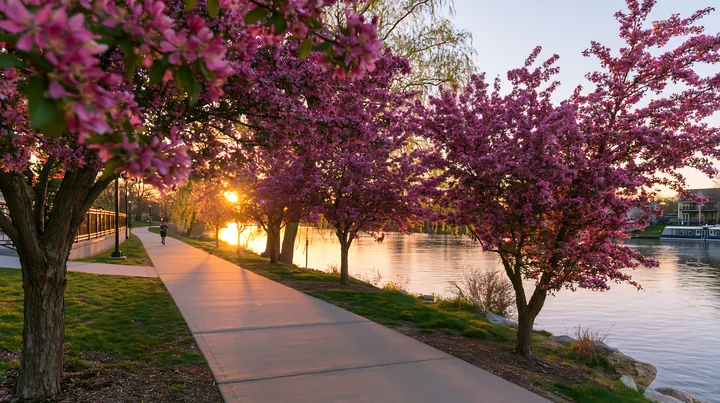 Pink flowering trees line a riverside path beside calm water in warm golden afternoon light.