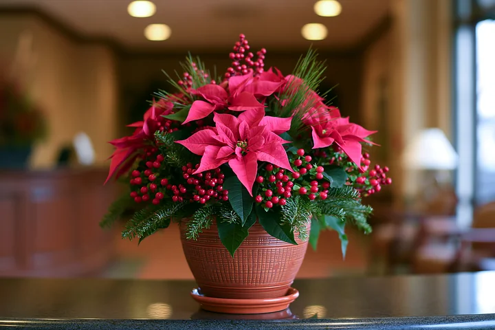 Pink poinsettias, evergreen branches, and red berries form a Christmas arrangement in a ceramic pot indoors.