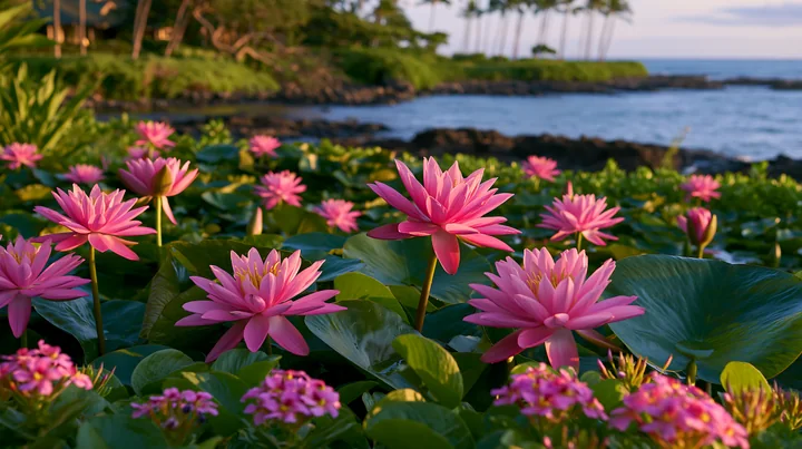 Pink water lilies bloom around a natural pond near the coastline, set against lush greenery and palm trees in the background.