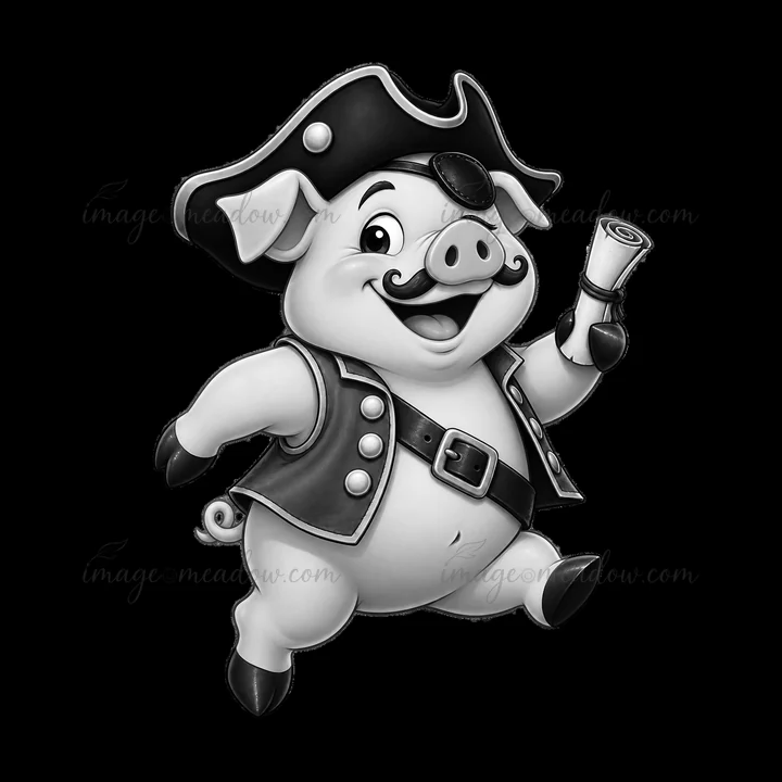 A cartoon pig dressed as a pirate smiles and holds a scroll. The pig wears a pirate hat with a feather, a vest, and a belt. It appears to be happily running, sh